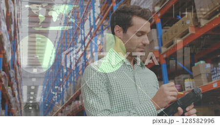 Image of financial data processing over caucasian warehouse worker Image of financial data processing over caucasian warehouse worker 128582996