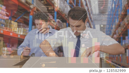 Image of financial data processing over two caucasian warehouse worker 128582999