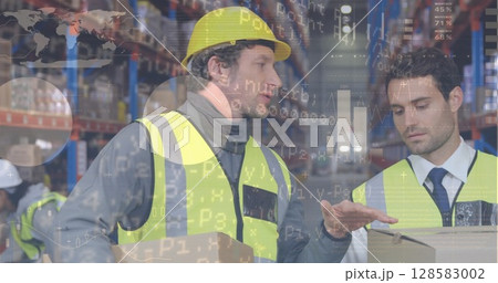 Image of financial data processing over two caucasian warehouse worker 128583002