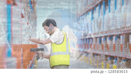 Image of financial data processing over caucasian warehouse worker 128583015