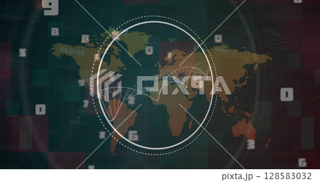 Image of dna strand spinning and data processing over world map Image of dna strand spinning and data processing over world map 128583032