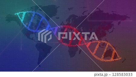Image of dna strand spinning and glowing lines over world map Image of dna strand spinning and glowing lines over world map 128583033