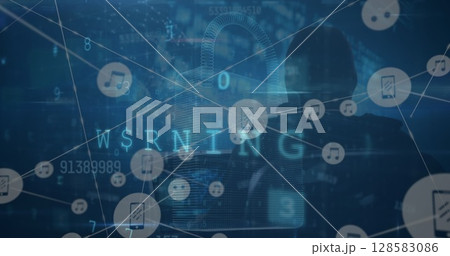 Image of digital interface with security padlock over dark background 128583086