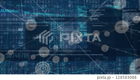 Image of digital interface and network of connections over hacker 128583088