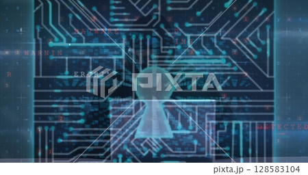 Image of data processing, cyber crime and digital padlock over hacker on navy background 128583104