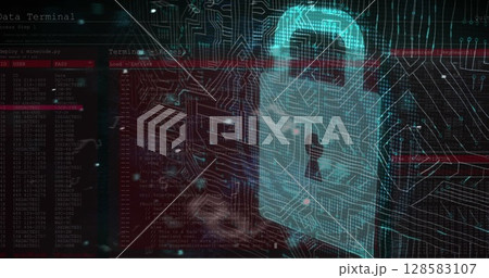 Multiple changing numbers and letters against security padlock icon and microprocessor connections 128583107
