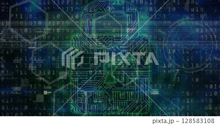 Microprocessor connections forming a security padlock icon against binary coding data processing 128583108
