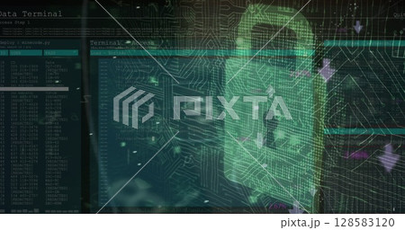 Security padlock icon and microprocessor connections against close up of a male hacker 128583120
