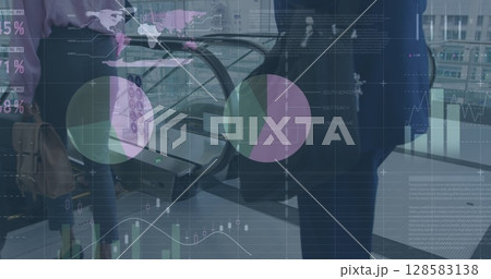 Image of financial data and graphs over midsection of diverse businesspeople walking Image of financial data and graphs over midsection of diverse businesspeople walking 128583138