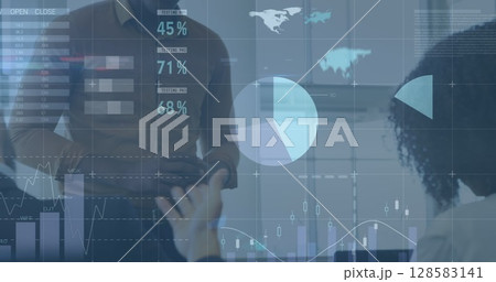 Image of financial data and graphs over happy diverse businesspeople talking in office Image of financial data and graphs over happy diverse businesspeople talking in office 128583141