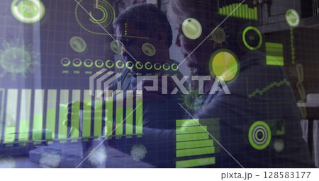 Image of data processing over senior biracial couple talking 128583177