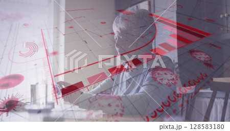 Image of graphs and virus cells over sad biracial senior woman using smartphone at home Image of graphs and virus cells over sad biracial senior woman using smartphone at home 128583180