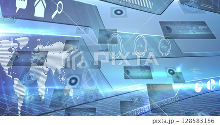 Digital image of digital interface with data processing against blue background 128583186