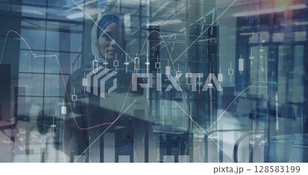 Image of data processing over biracial businesswoman walking 128583199