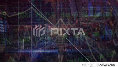 Image of data processing over caucasian businesswoman and cityscape 128583200