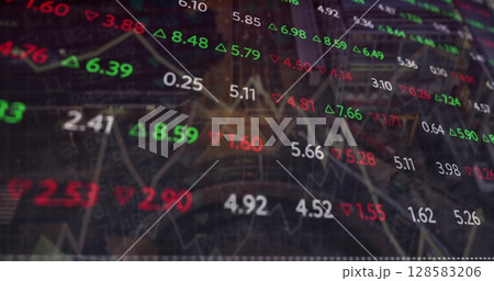 Image of financial data and graphs over black background 128583206