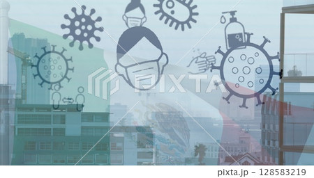 Showing COVID icons over city skyline, with virus mask wash sanitizer distance icons Mexican flag 128583219