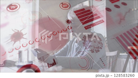 Image of financial data and virus cells over sad biracial senior woman using smartphone Image of financial data and virus cells over sad biracial senior woman using smartphone 128583260