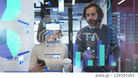 Screens with data processing against diverse businessman and businessman discussing at office Screens with data processing against diverse businessman and businessman discussing at office 128583263