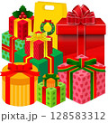Christmas tree, gifts, gift boxes, candles, Easter eggs Red, yellow, pink, green gift boxes 128583312
