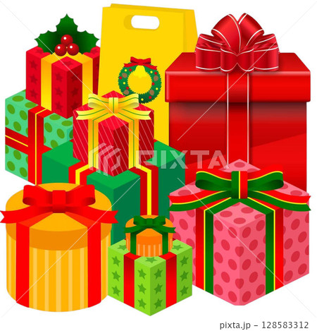 Christmas tree, gifts, gift boxes, candles, Easter eggs Red, yellow, pink, green gift boxes 128583312