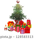 Christmas tree, gifts, gift boxes, candles, Easter eggs Red, yellow, pink, green gift boxes 128583313