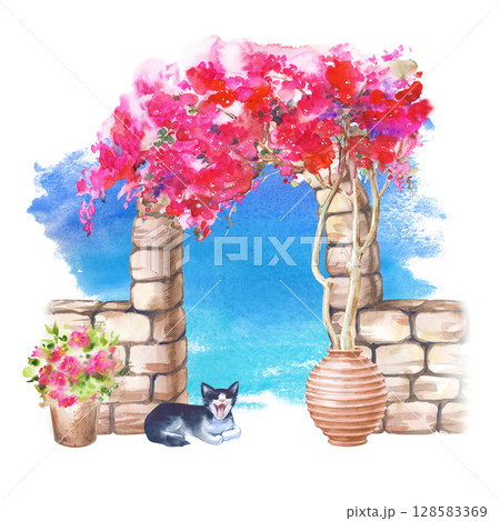 A traditional Greek painting of a cat lying peacefully by a stone arch with a bright bougainvillea and a flower pot against a background of blue sky and sea. Watercolor illustration. A template for 128583369