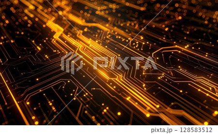 《AI画像》黄色く輝く電子回路イメージ 《AI画像》黄色く輝く電子回路イメージ 128583512