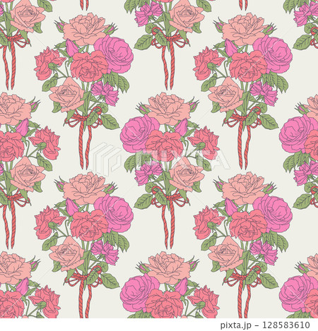 Vintage line art pink rose bouquets and fancy bow knots seamless pattern with white backdrop. Romantic floral composition repeat background 128583610