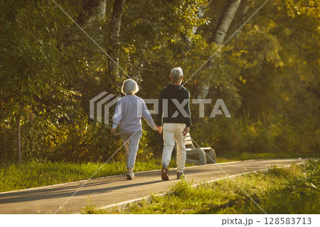 Senior Couple Walking Hand in Hand in City Park Senior Couple Walking Hand in Hand in City Park 128583713