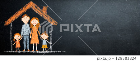 家の形の中に描かれた幸せな親子のチョーク画、家庭生活と愛情の象徴 128583824