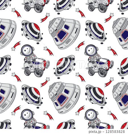 Astronauts, planets, flying machines, stars seamless pattern. Hand drawn vector illustration. For Cosmonautics Day, banners, covers, wrapping paper, wallpaper, textile. Astronauts, planets, flying machines, stars seamless pattern. Hand drawn vector illustration. For Cosmonautics Day, banners, covers, wrapping paper, wallpaper, textile. 128583828