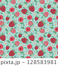 pattern with cute raspberries, white flowers, green leaves on blue background. 128583981
