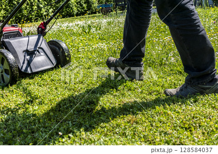 Mowing the lawn with a machine in a garden 128584037