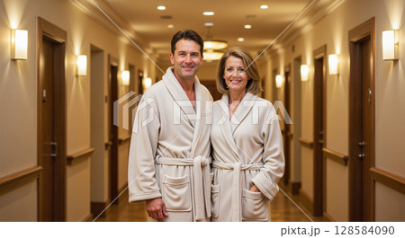 Couple smiling in bathrobes in a hotel hallway Couple smiling in bathrobes in a hotel hallway 128584090