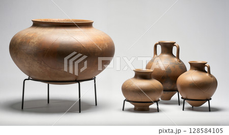 Ceramic vessels on display showcasing ancient craftsmanship 128584105