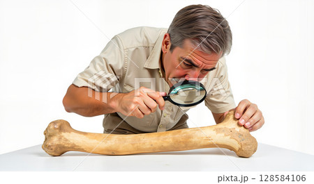 Researching ancient bone with magnifying glass on white background 128584106