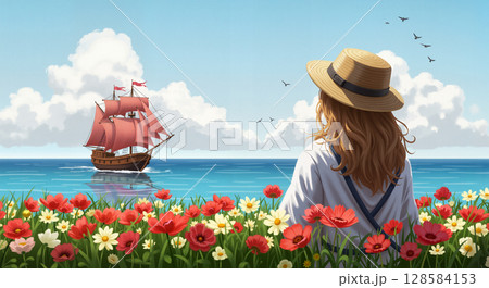 Girl in a straw hat admiring a ship on a flower-filled shore 128584153