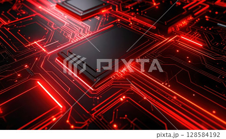 《AI画像》赤い光が浮かぶ電子回路イメージ 128584192