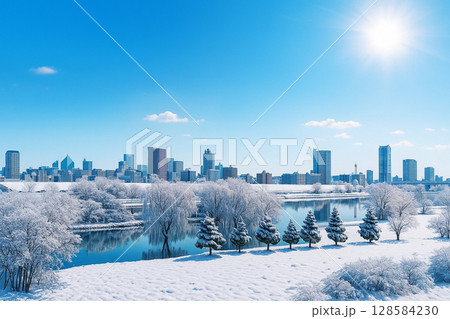 雪景色の荒川の川原と川口元郷の住宅街を望む　 128584230