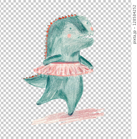Cute color pencils drawing dancing green ballerina dinosaur in red pink skirt. Childish illustration with cheerful baller t-rex monster for greeting card design, sticker, girly dragon poster Cute color pencils drawing dancing green ballerina dinosaur in red pink skirt. Childish illustration with cheerful baller t-rex monster for greeting card design, sticker, girly dragon poster 128584252