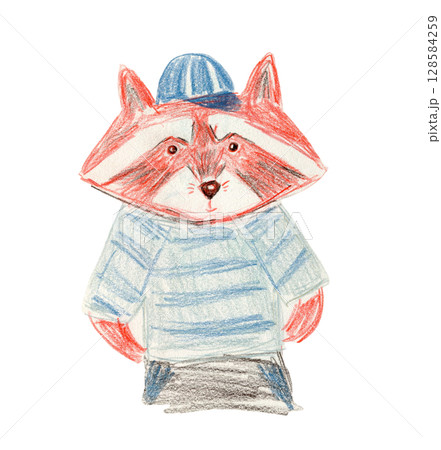 Cute brown and blue sketch crayon pencils drawing raccoon boy in cap and t-shirt illustration. Childish hand drawn red panda or wild skunk character for kids print design, logo, nursery sticker 128584259