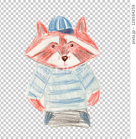 Cute brown and blue sketch crayon pencils drawing raccoon boy in cap and t-shirt illustration. Childish hand drawn red panda or wild skunk character for kids print design, logo, nursery sticker 128584259