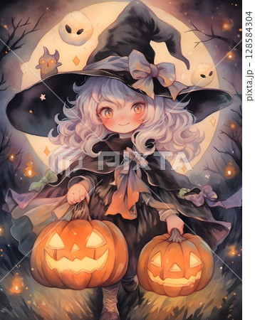 ハロウィンかぼちゃとかわいい魔女 ハロウィンかぼちゃとかわいい魔女 128584304