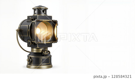Vintage lantern illuminating against a plain background 128584321