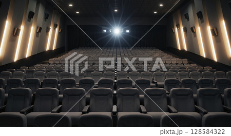Empty cinema theater with a spotlight shining on the screen 128584322