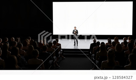 Presenter speaking on stage at a film award ceremony Presenter speaking on stage at a film award ceremony 128584327