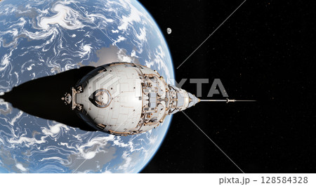 Spacecraft orbiting Earth against a starry background 128584328