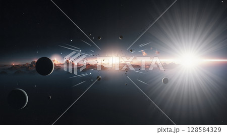 Celestial scene with planets and light beams Celestial scene with planets and light beams 128584329