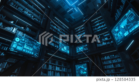 Futuristic library with digital screens and neon lighting 128584335